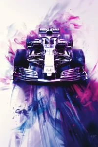 a race car with purple and pink paint splashes